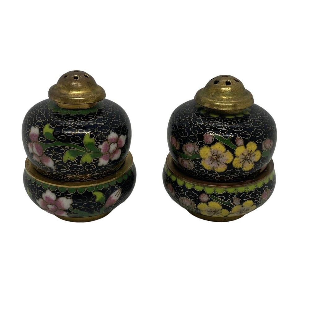 Vintage Set Chinese Black Cloisonné Salt Cellar Pepper Shaker Flowers Design